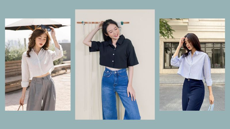 Outfit xuống phố kết hợp áo sơ mi croptop và quần tây, jean