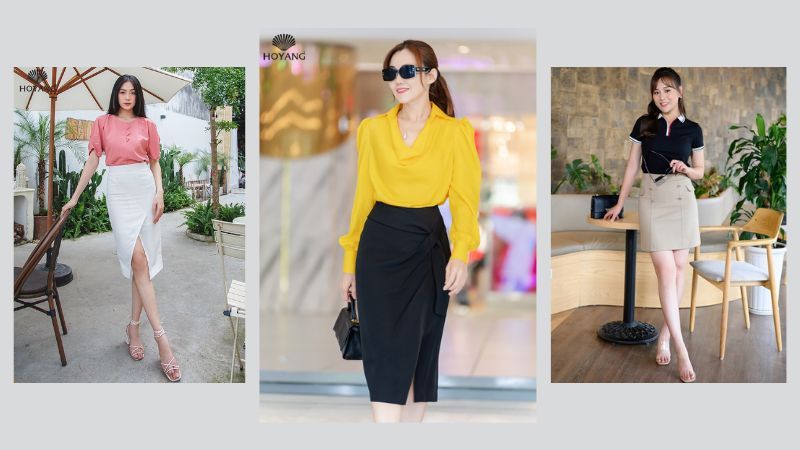 Bộ trang phục mix & match áo thun, polo cổ trụ với chân váy xẻ tà