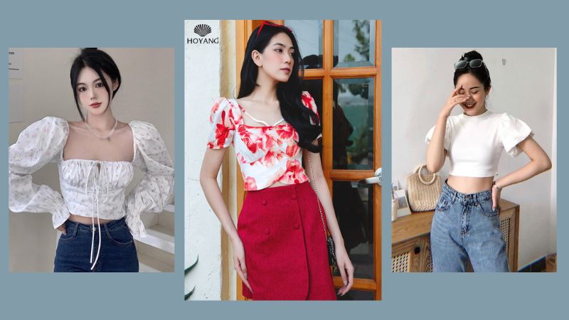 Thiết kế áo croptop kết hợp họa tiết, tay nhún và dây rút