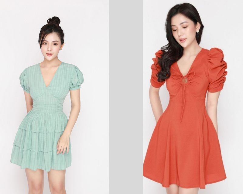 Mẫu đầm thiết kế tay nhún, cổ chữ V tại Thỏ Tây Boutique