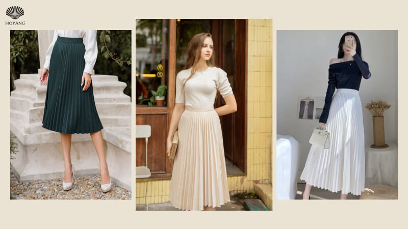 Chân váy xếp ly dài nhẹ nhàng “cân” mọi outfit